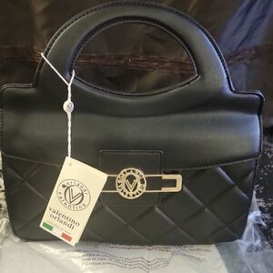Valentino Orlandi Black Quilted Satchel with Gold Hardware